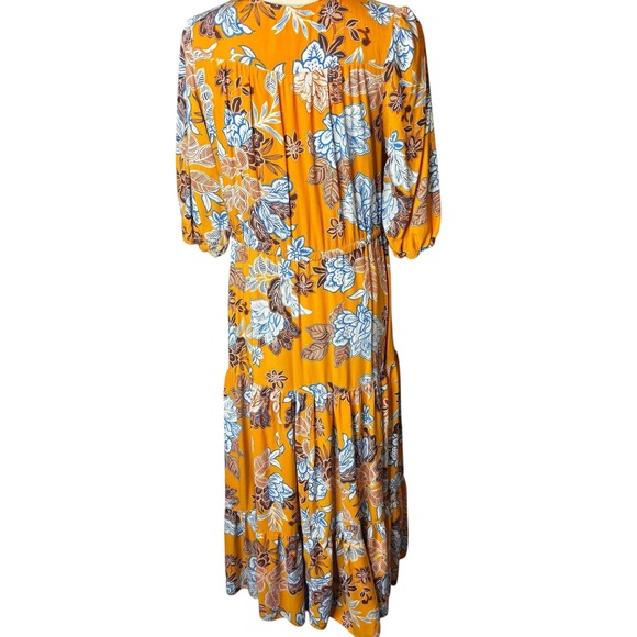 Abel The Label Floral Print Midi Dress V Neck Puff‎ Sleeve Mustard Yellow M - Picture 1 of 12